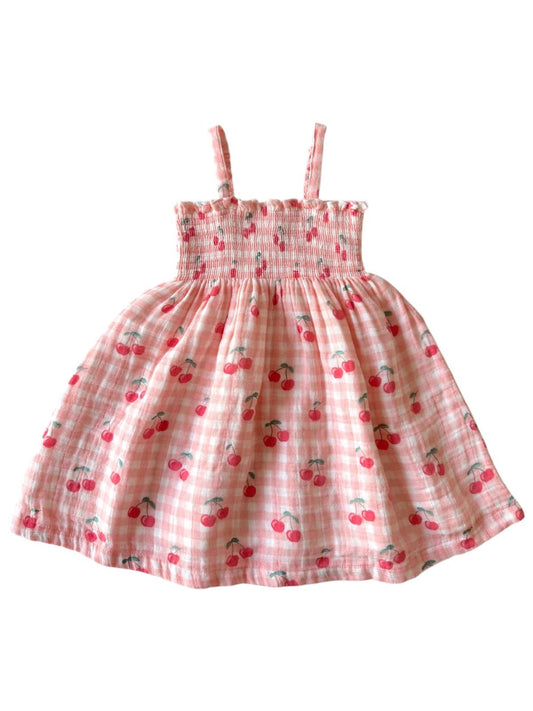 Muslin Smocked Tube Dress, Cherries