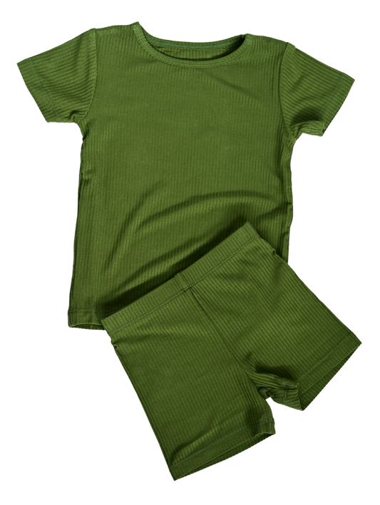 Ribbed Bamboo Short Sleeve Top/Shorts Set, Forest Green