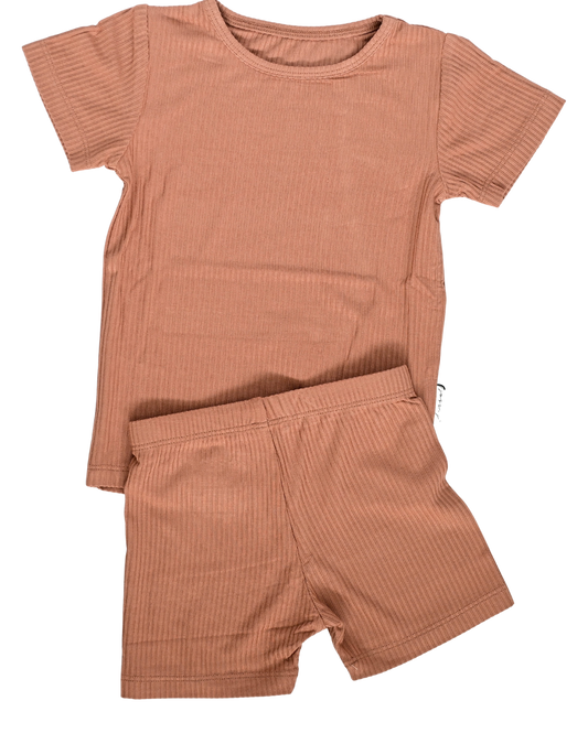 Ribbed Bamboo Short Sleeve Top/Shorts Set, Caramel