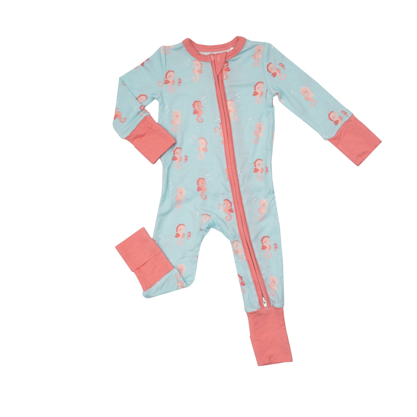 Bamboo Fold Over Sleeper, Pink Seahorse